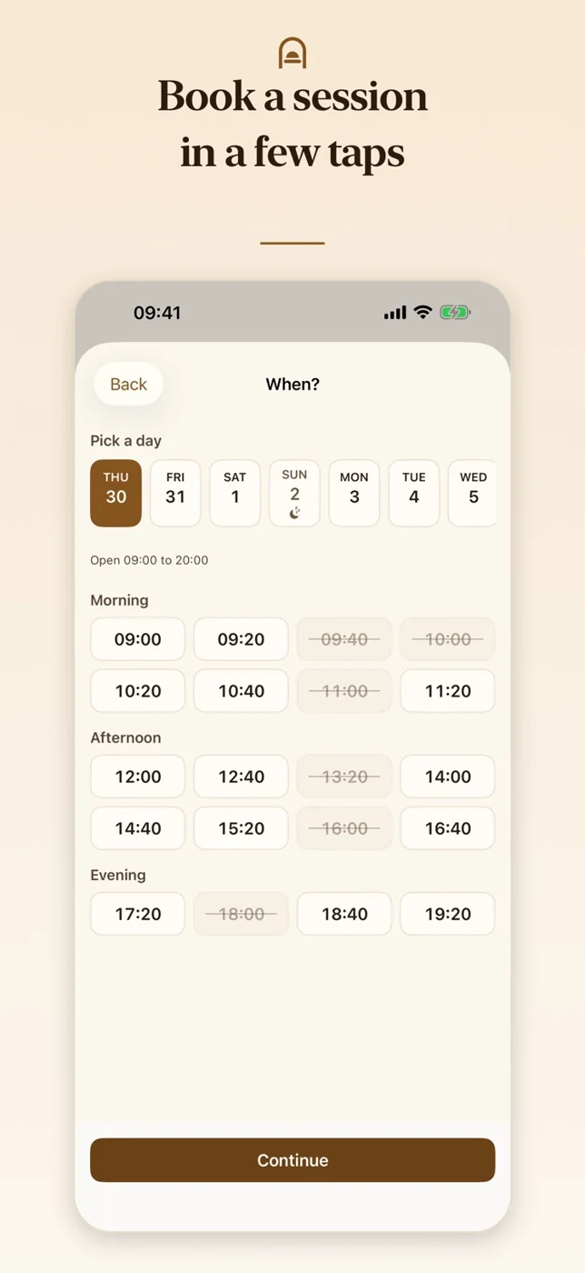 Beautifully Bronze app session booking screen