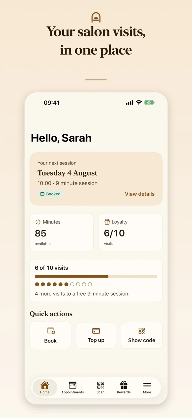 Beautifully Bronze app home screen with appointments, minutes, loyalty and check-in